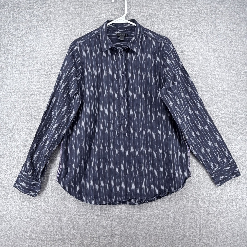 J Crew Long Sleeve 1/2 Button Blouse Top Women Size 12 Blue Geometric Casual
